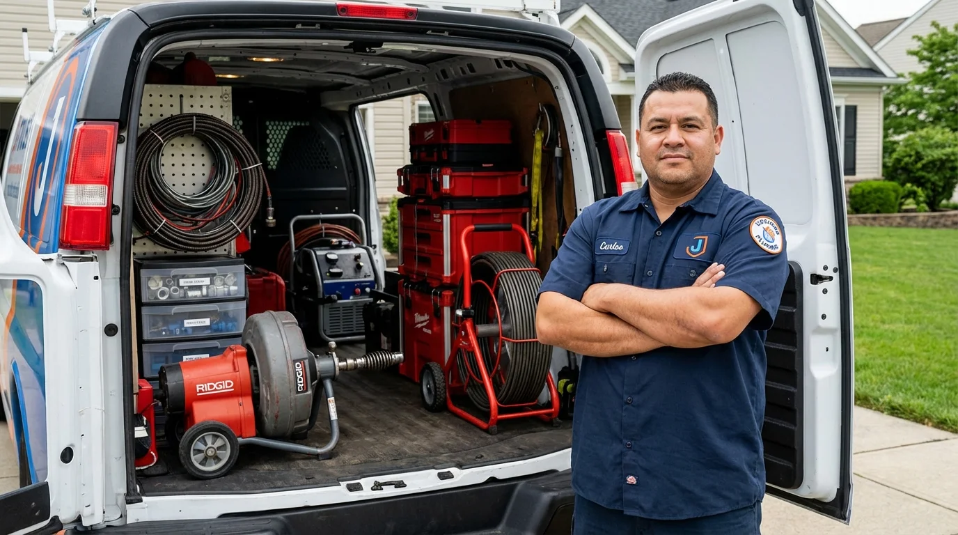 Professional drain cleaning equipment and Johns Plumbing LLC plumber in Elmont
