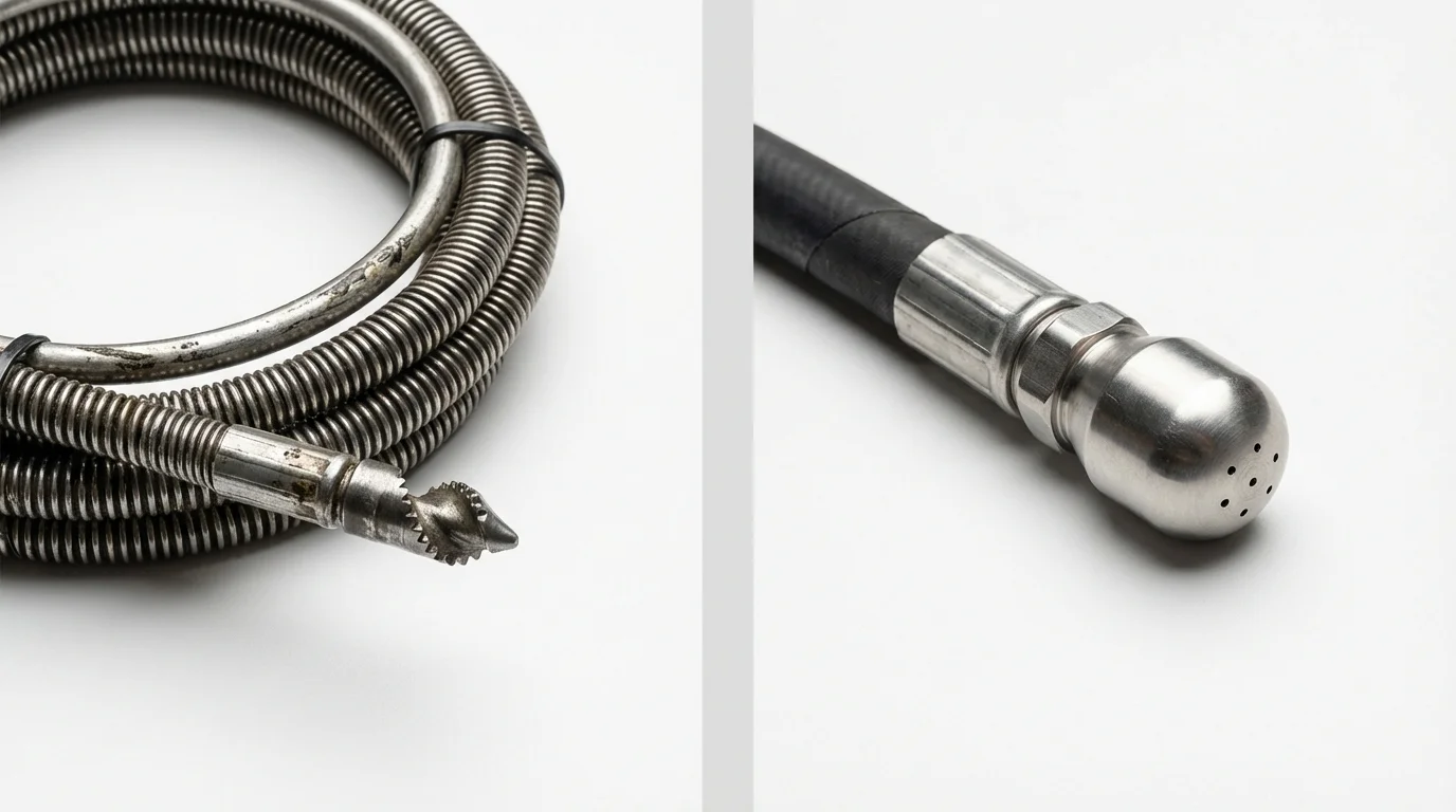 Drain snake cable and hydro jetting nozzle used for drain cleaning in Elmont, NY