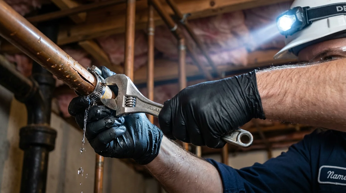 Emergency pipe clamp repair being performed by a Johns Plumbing LLC plumber in Elmont