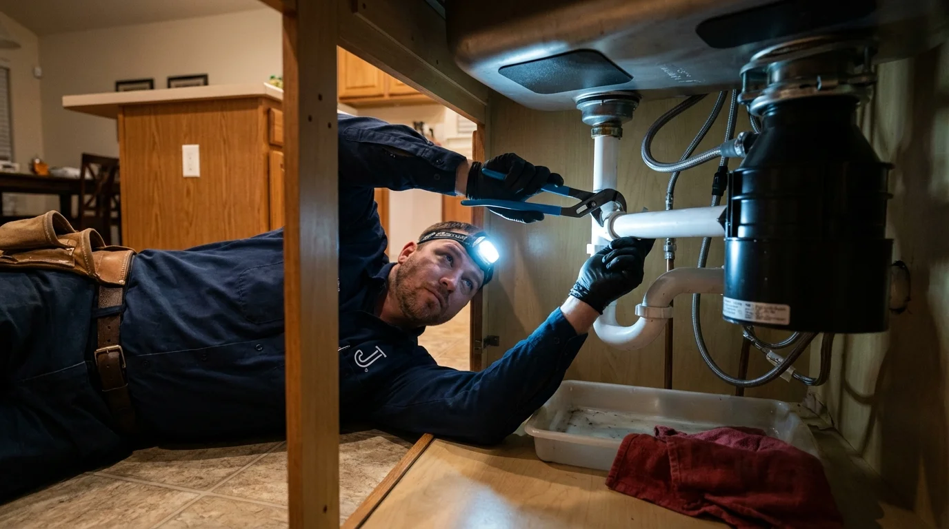 P-trap and supply line connections under a kitchen sink showing a common leak point in Elmont, NY